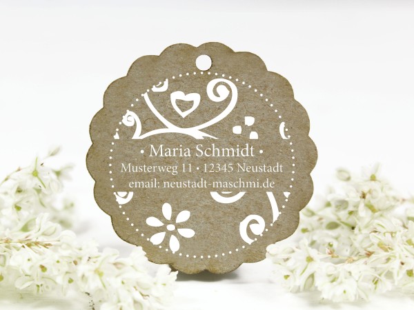 Adressstempel, Blumenornament, personalisiert mit Name und e-mail