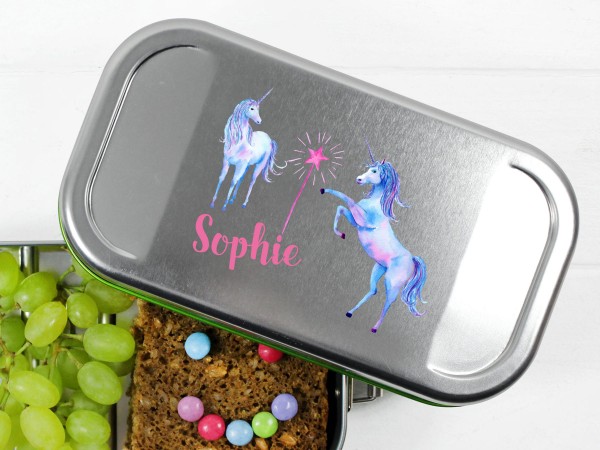 Lunchbox mit Einhorn und Zauberstab, personalisiert