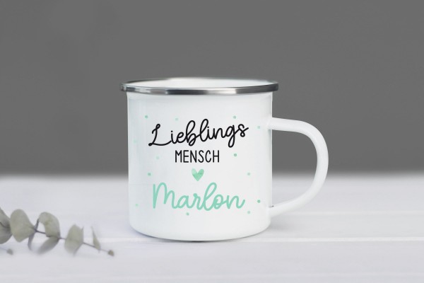 Emaille Tasse Lieblingsmensch mit Namen personalisiert, Fabe: Mint