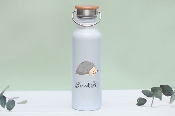 Trinkflasche Edelstahl mit Namen und Bambusdeckel personalisiert Waldtierbabys Igel