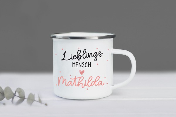 Emaille Tasse Lieblingsmensch mit Namen personalisiert, Fabe: Coral