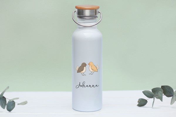 Trinkflasche Edelstahl mit Namen und Bambusdeckel personalisiert Waldtierbabys Vögelchen