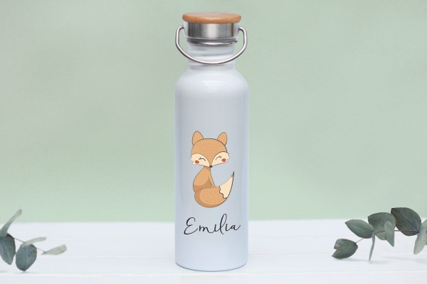 Trinkflasche Edelstahl mit Namen und Bambusdeckel personalisiert Waldtierbabys Fuchs