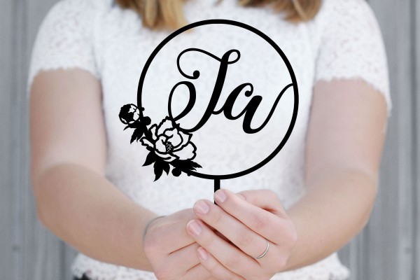 Cake Topper "Ja" zur Hochzeit mit Blumen