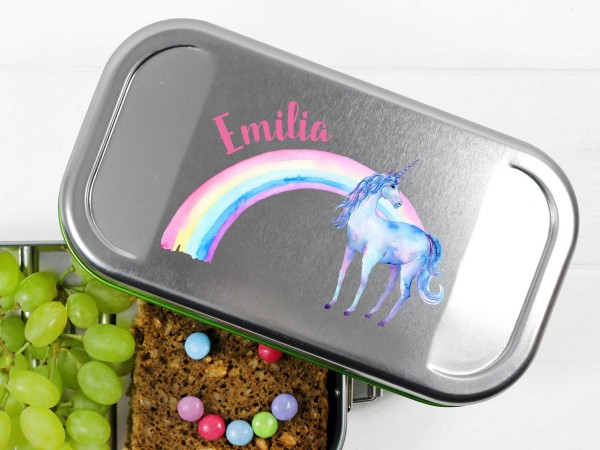 Lunchbox mit Einhorn und Regenbogen, personalisiert