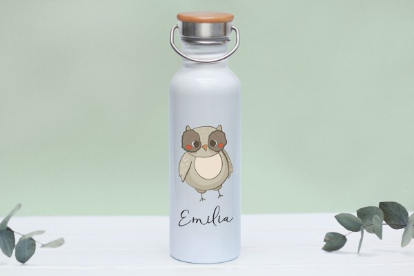 Trinkflasche Edelstahl mit Namen und Bambusdeckel personalisiert Waldtierbabys Eule