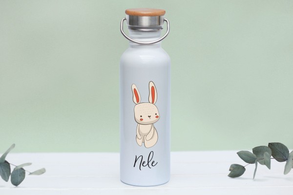 Trinkflasche Edelstahl mit Namen und Bambusdeckel personalisiert Waldtierbabys Hase