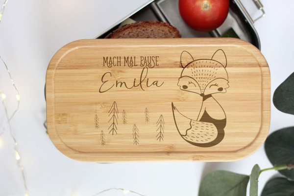 Nachhaltige Brotdose Name auf Lunchbox mit Bambusdeckel Waldtier Baby Fuchs