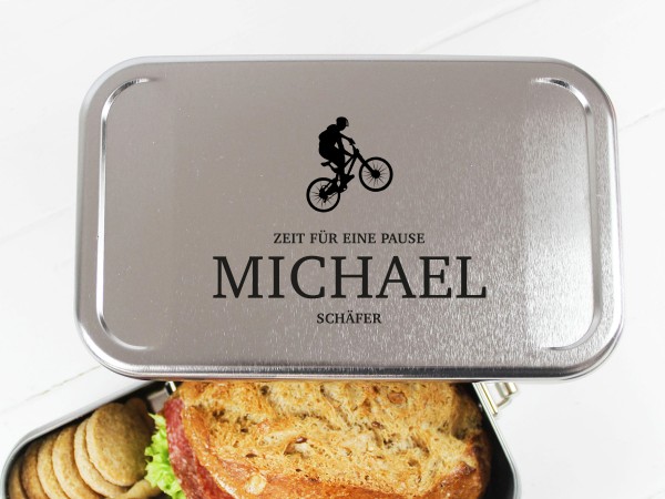 Nachhaltige Brotdose mit Name auf Lunchbox für Biker MTB