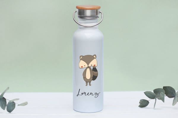 Trinkflasche Edelstahl mit Namen und Bambusdeckel personalisiert Waldtierbabys Waschbär