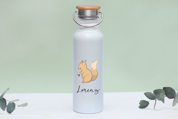 Trinkflasche Edelstahl mit Namen und Bambusdeckel personalisiert Waldtierbabys Eichhörnchen