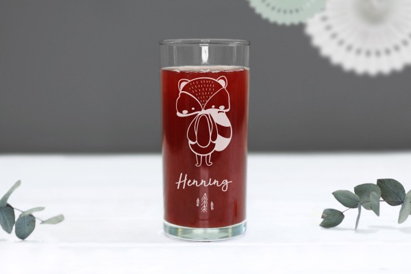 Trinkglas Kinderglas mit Motiv Waschbär personalisiert