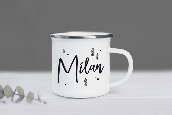 Emaille Tasse Wald mit Namen personalisiert