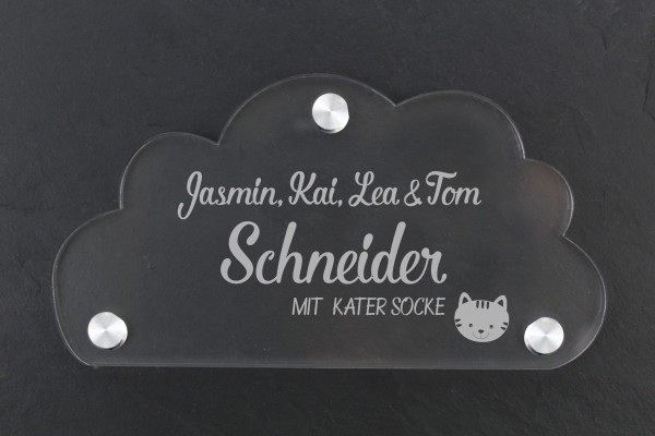 Acrylschild Wolke für Haustür Familiennamen mit Katze