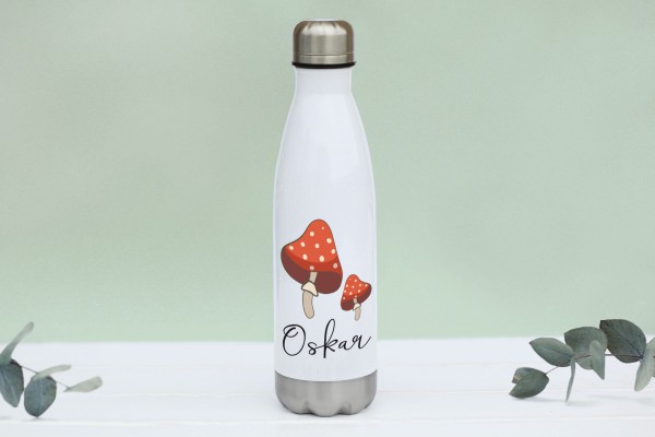 Thermotrinkflasche aus Edelstahl mit Pilze und Namen, weiße Flasche, farbig bedruckt