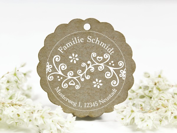 Adressstempel, Blumenornament, retro, personalisiert mit Familienname