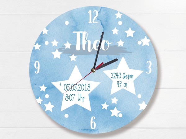 Kinder Wanduhr mit Namen und Sternen blau