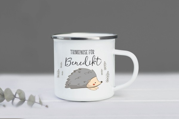 Emaille Tasse Igel mit Namen personalisiert